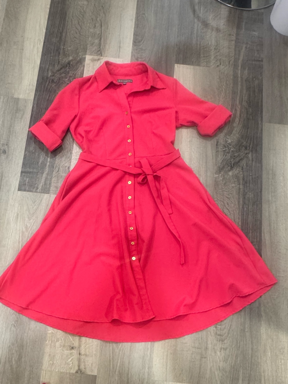 Sharagano Coral Pink Button-Front Tie-Waist Shirt Midi Dress - Picture 6 of 9